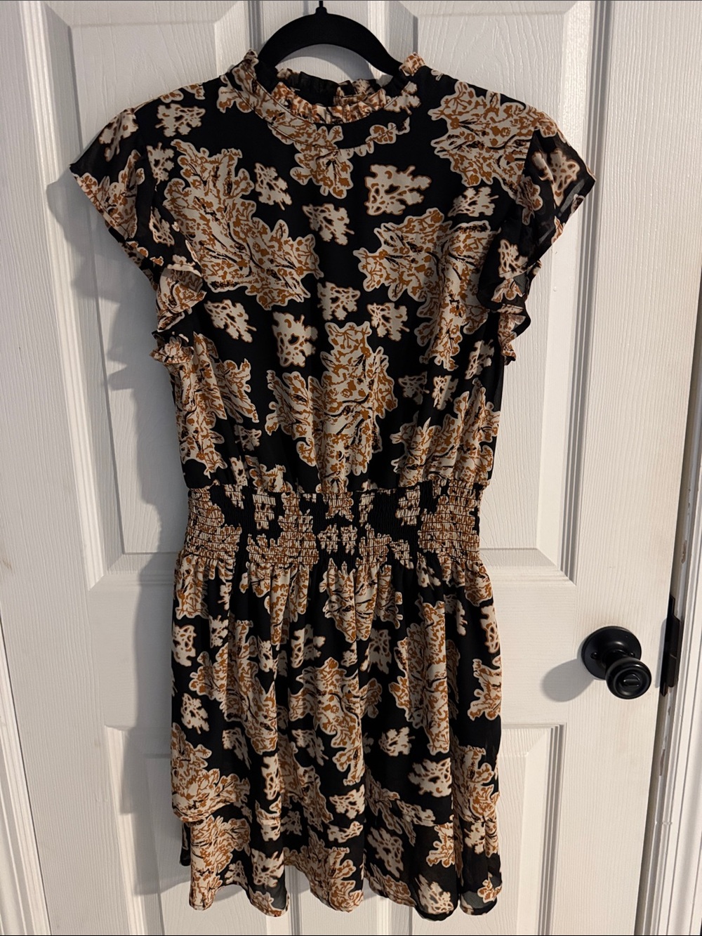 THML Black Dress with Tan Floral Print and Ruffle Neck